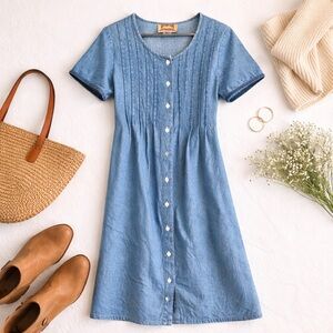 Cottagecore Prairie Modest Denim Dress Vintage 90s Studio Ease Midi Blue 12 A59